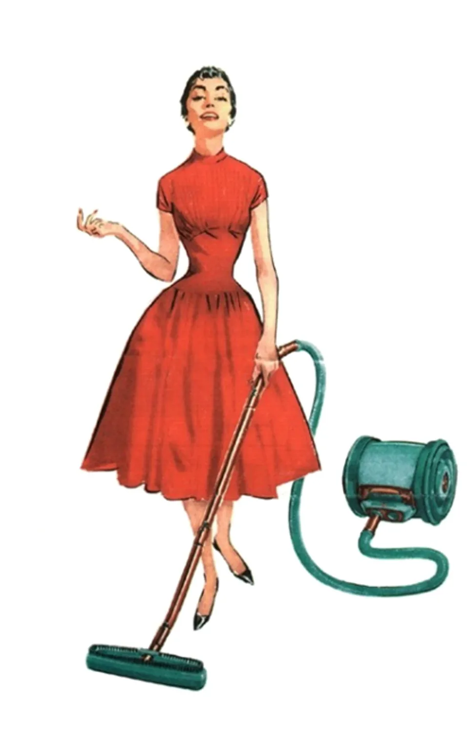 A vintage illustration of a woman standing beside a vacuum cleaner.