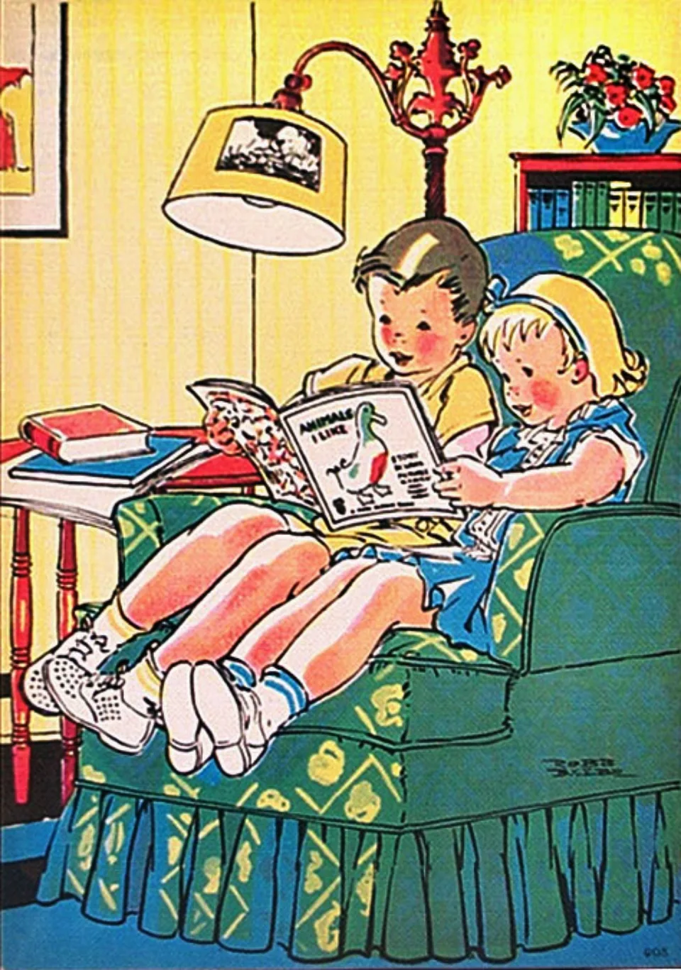 A vintage illustration of a family watching television.