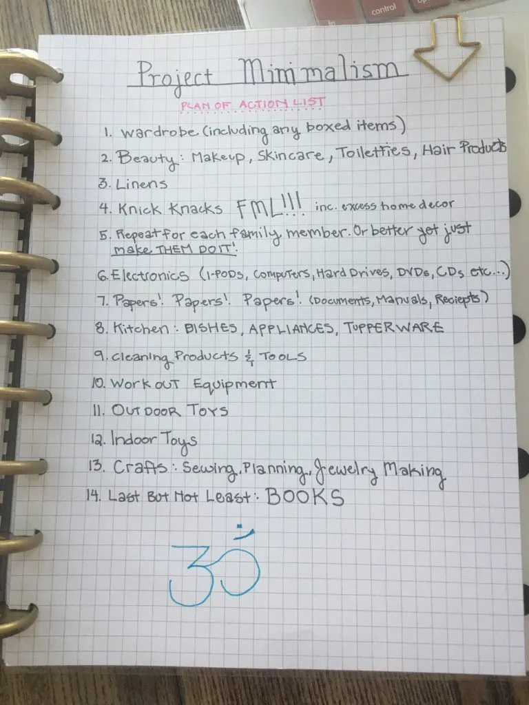 A handwritten list of minimalism tasks in a notebook.